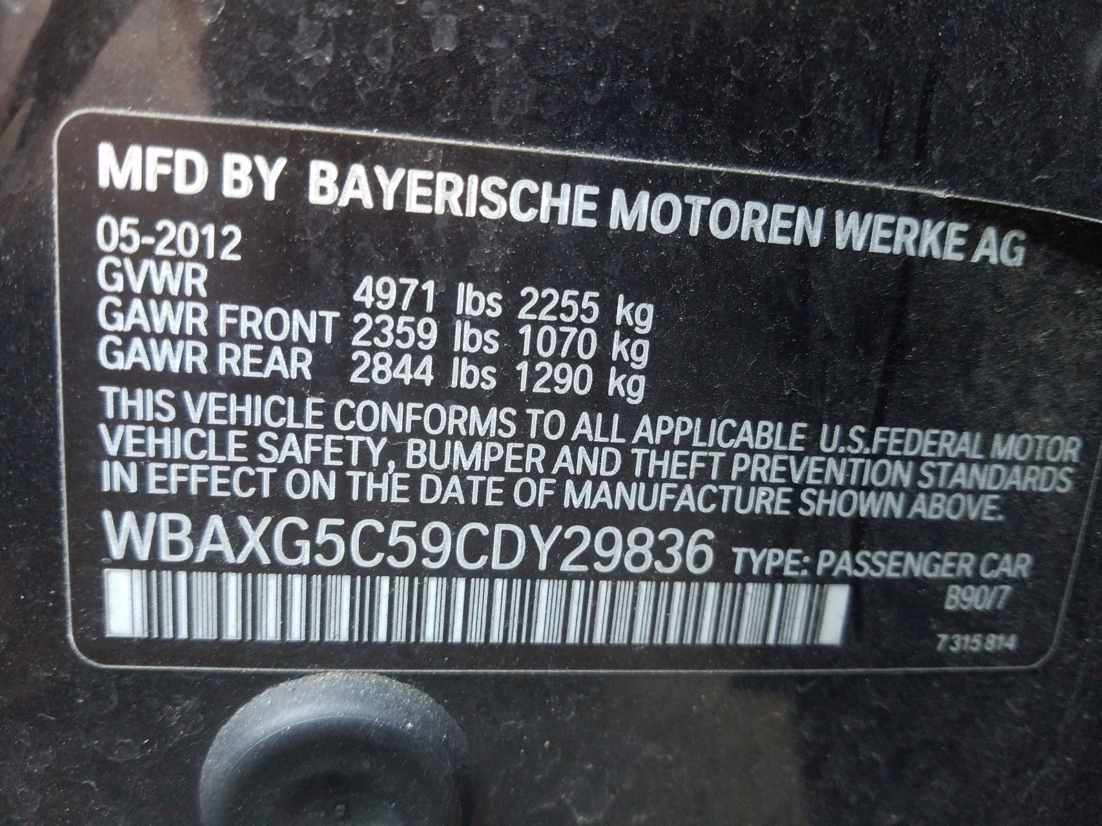 VIN WBAXG5C59CDY29836 2012 BMW 528 I