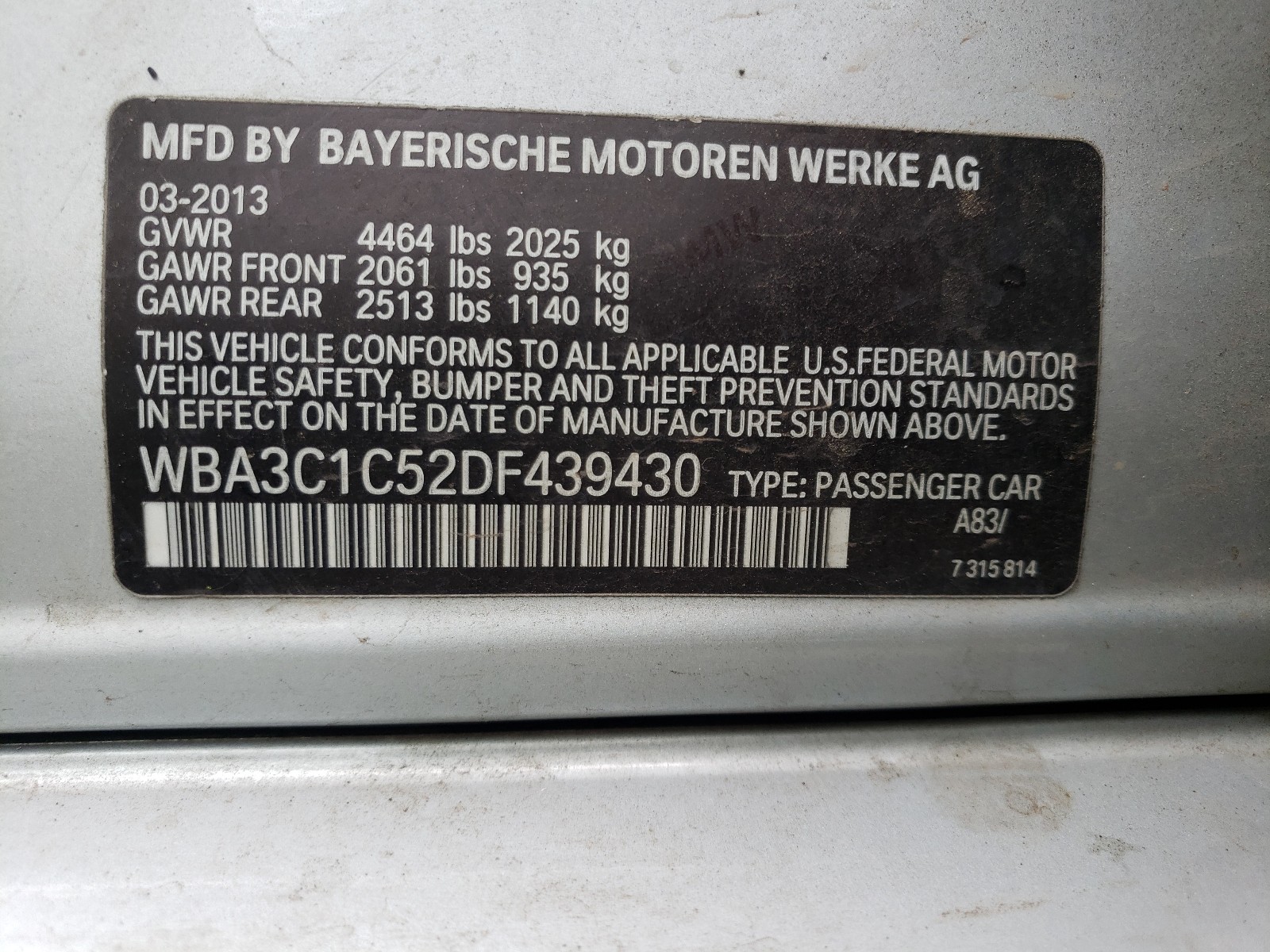 VIN WBA3C1C52DF439430 2013 BMW 328 I SULE