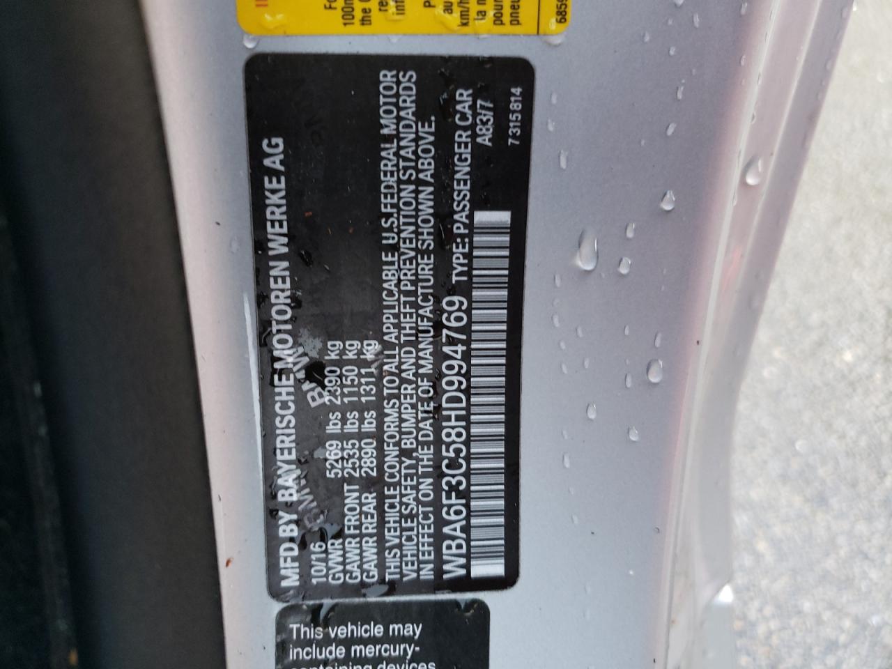 VIN WBA6F3C58HD994769 2017 BMW 640 XI
