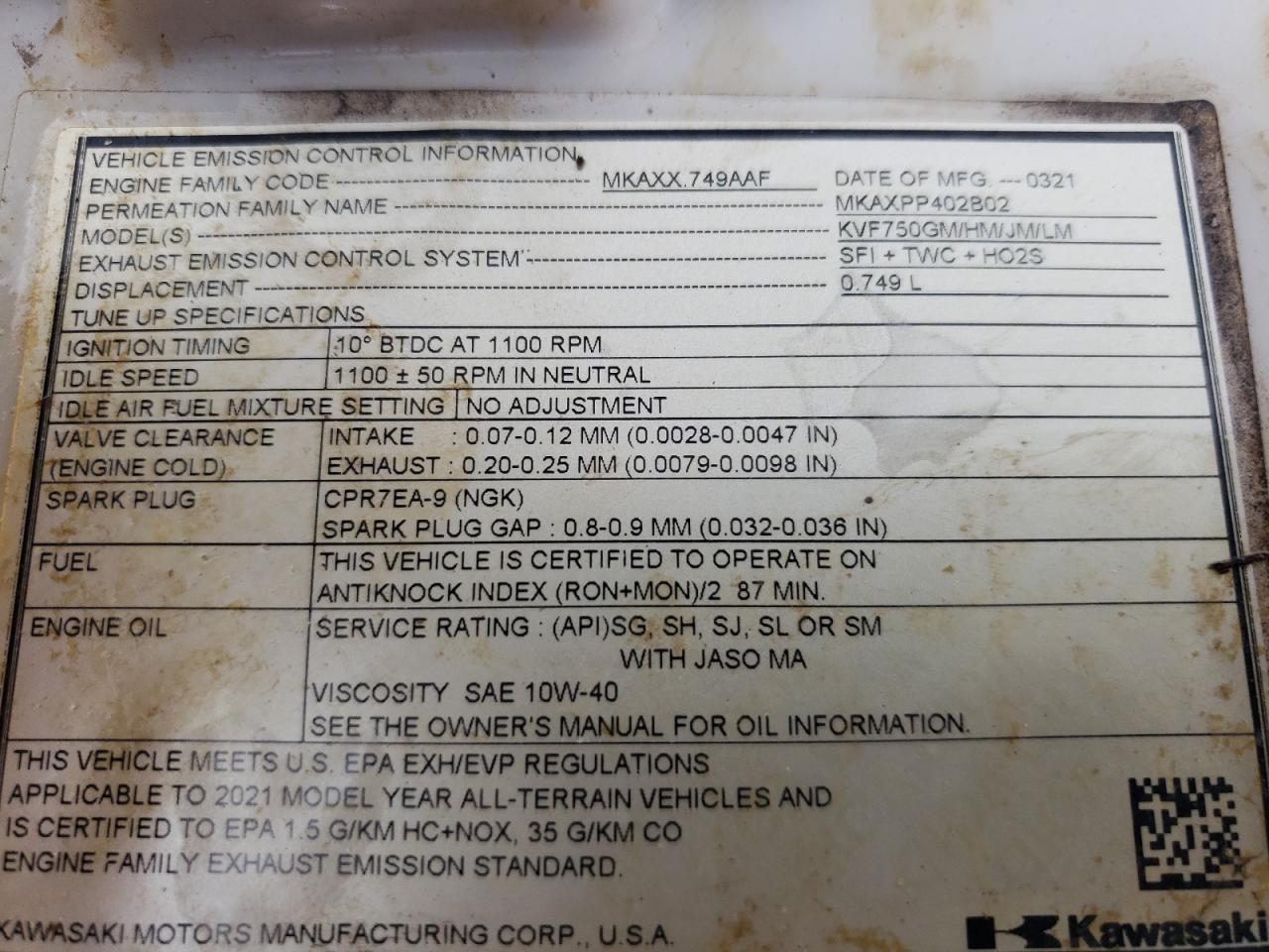 VIN JKAVFDL37MB510125 2021 KAWASAKI 750