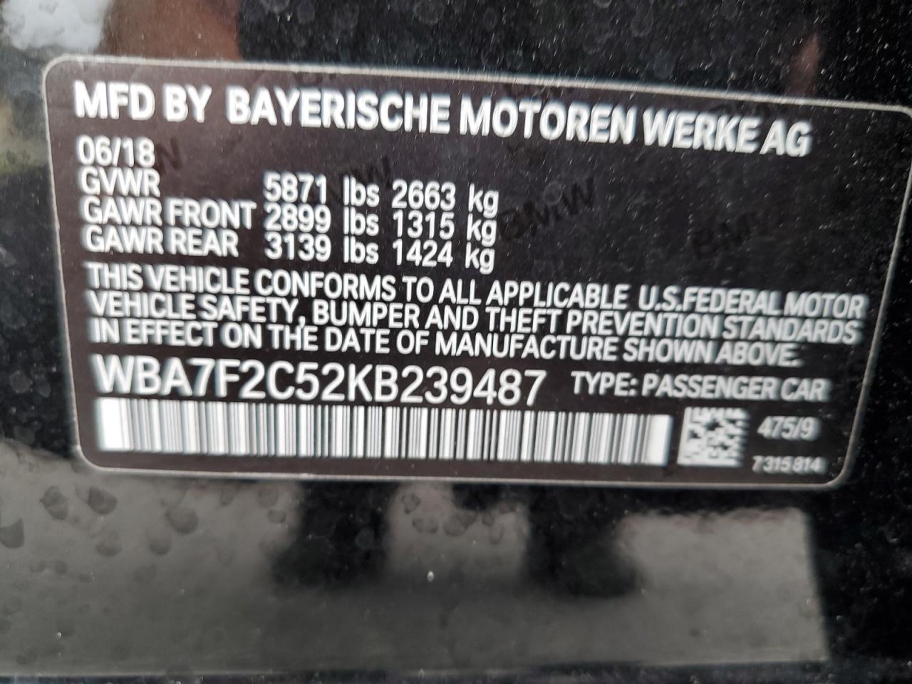 VIN WBA7F2C52KB239487 2019 BMW ALPINA B7