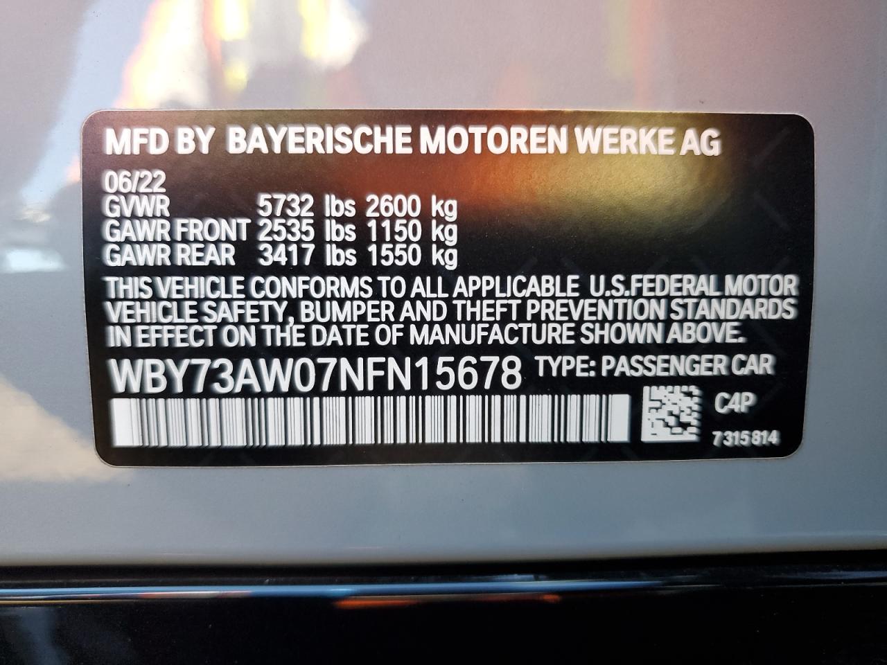 VIN WBY73AW07NFN15678 2022 BMW I4 EDRIVE4