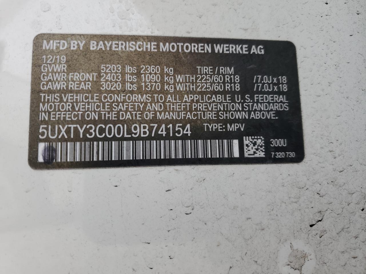 VIN 5UXTY3C00L9B74154 2020 BMW X3 SDRIVE3