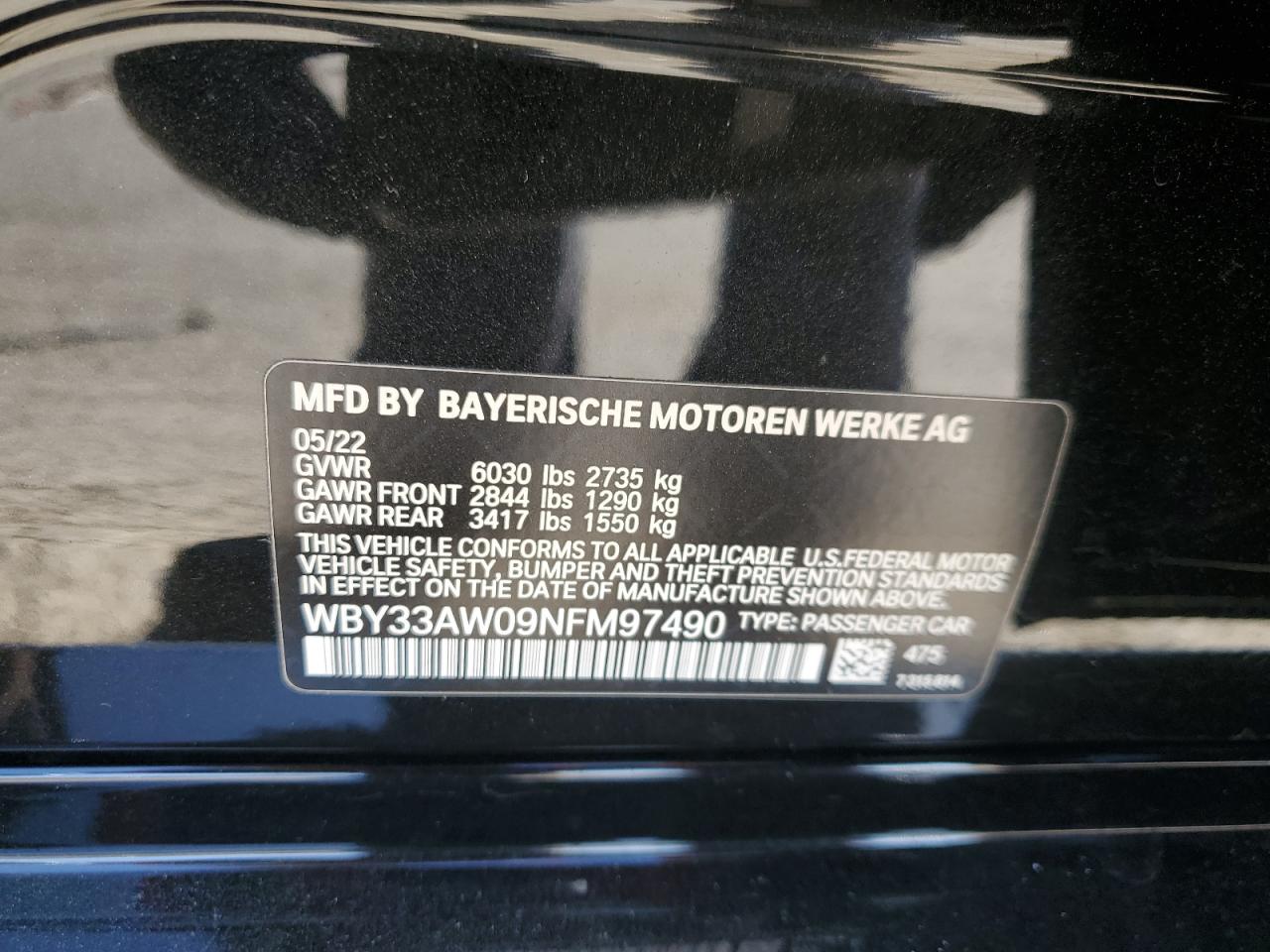 VIN WBY33AW09NFM97490 2022 BMW I4 M50