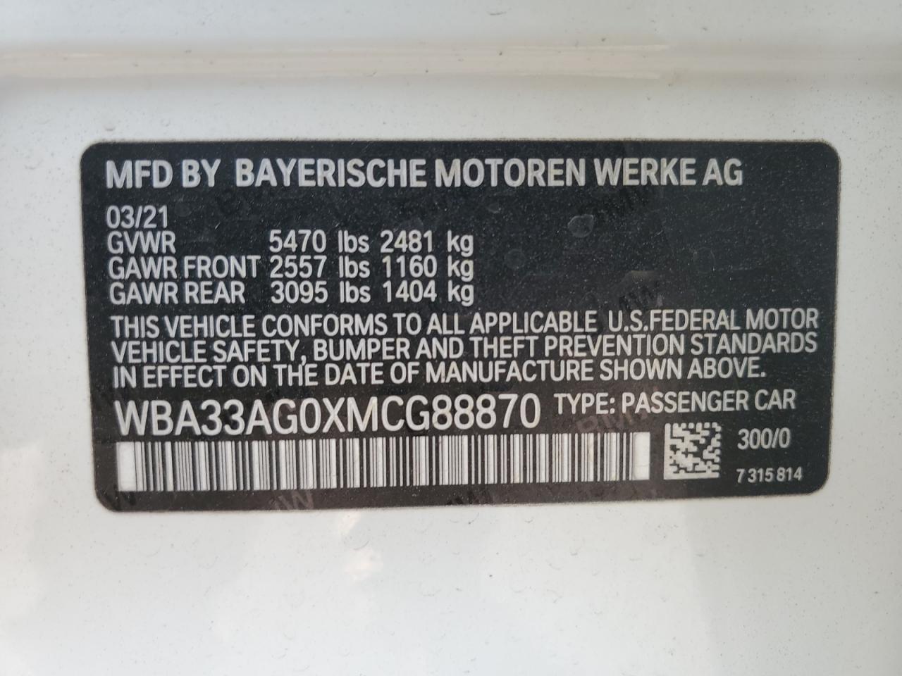 VIN WBA33AG0XMCG88870 2021 BMW 530XE