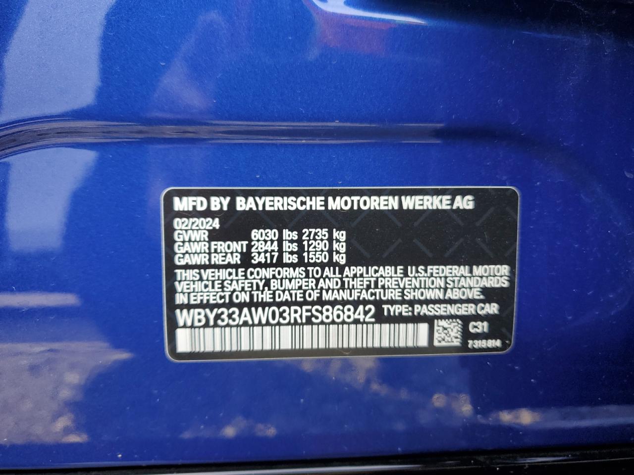 VIN WBY33AW03RFS86842 2024 BMW I4 M50