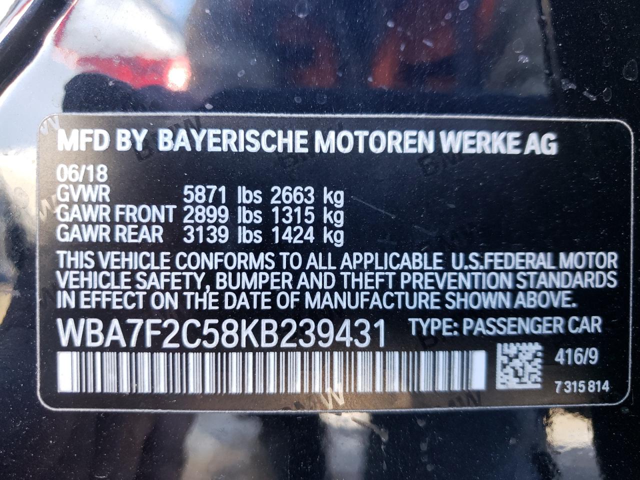 VIN WBA7F2C58KB239431 2019 BMW 750