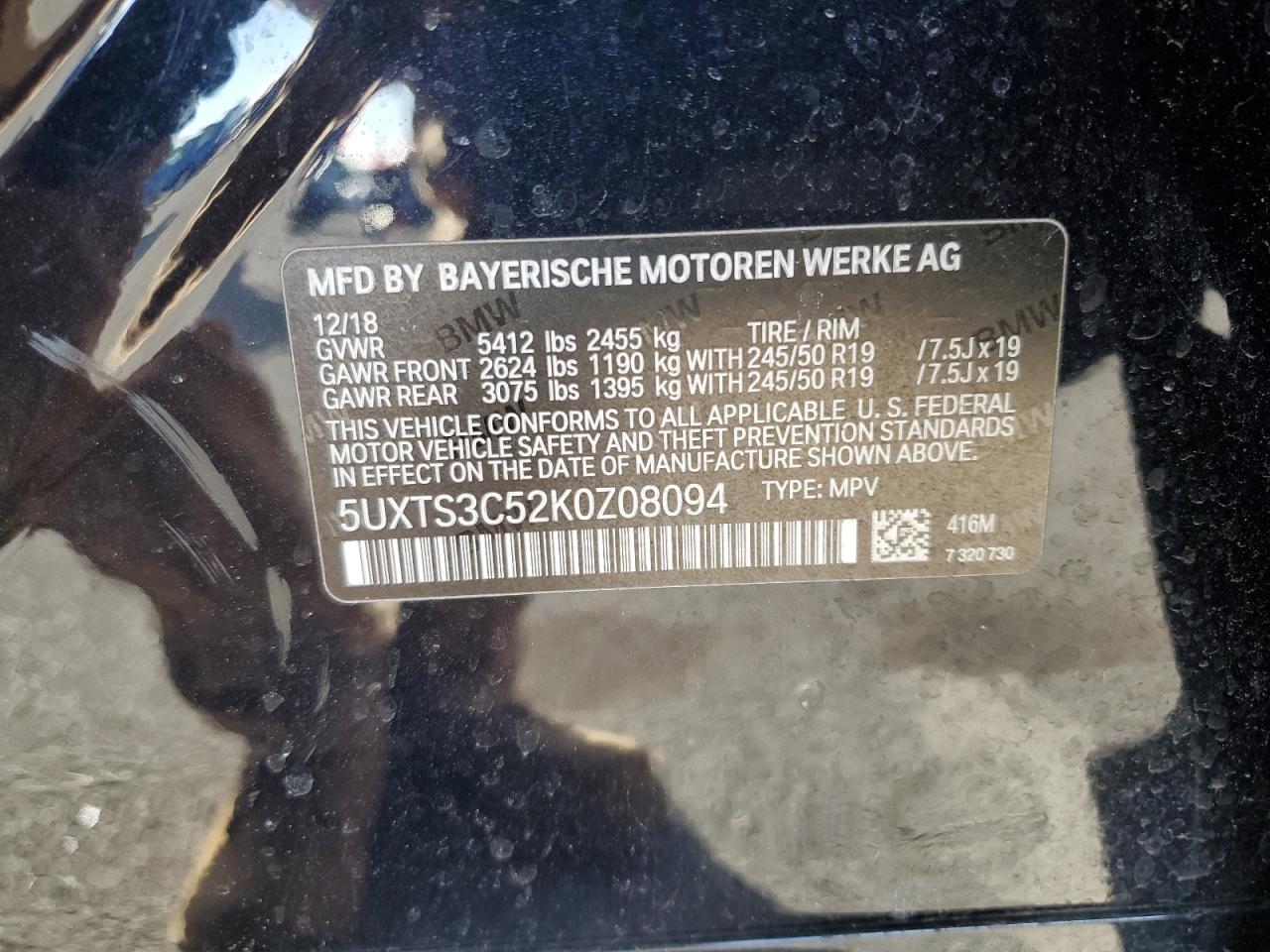VIN 5UXTS3C52K0Z08094 2019 BMW X3 XDRIVEM