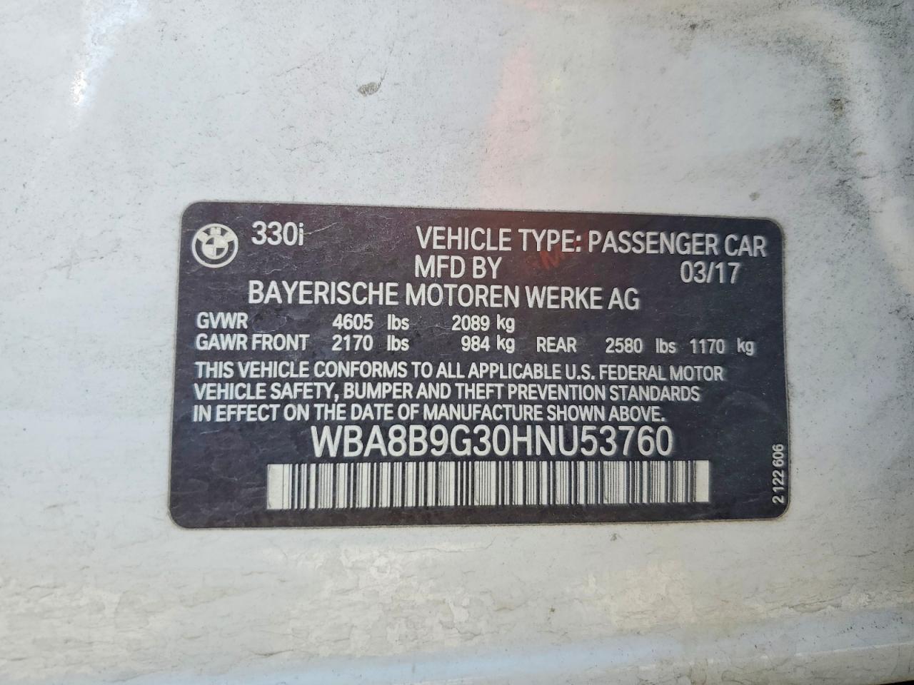 VIN WBA8B9G30HNU53760 2017 BMW 330 I