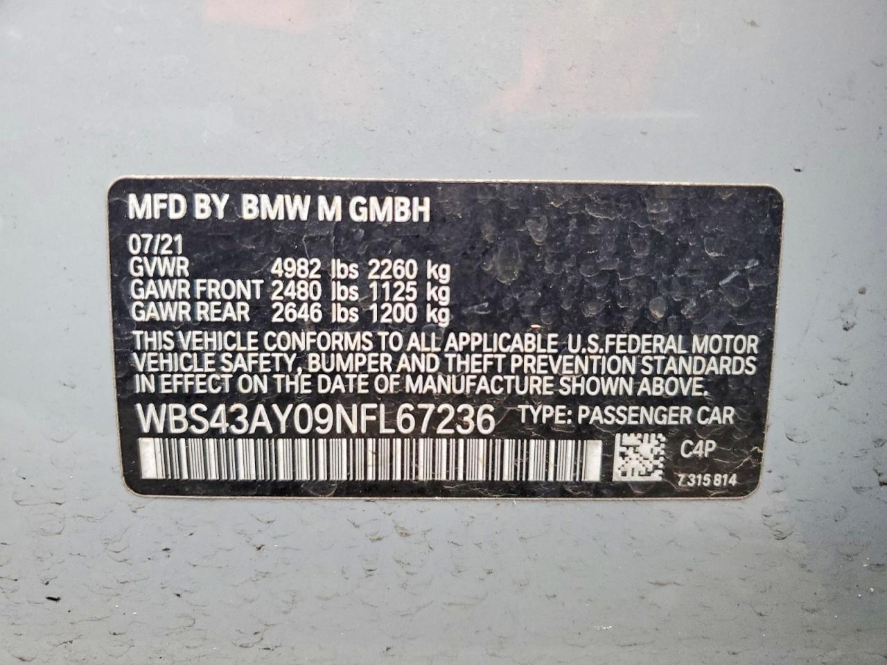 VIN WBS43AY09NFL67236 2022 BMW M3 COMPETI