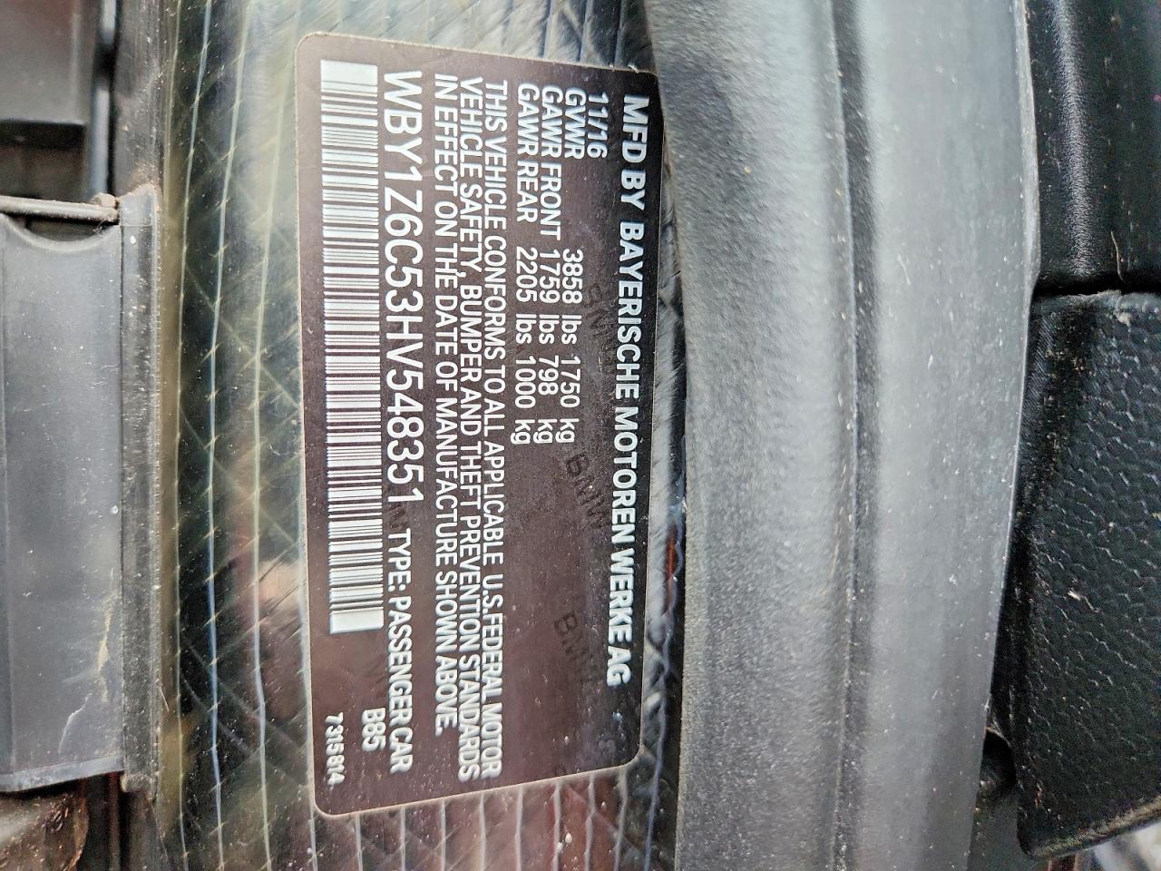 VIN WBY1Z6C53HV548351 2017 BMW I3 BEV
