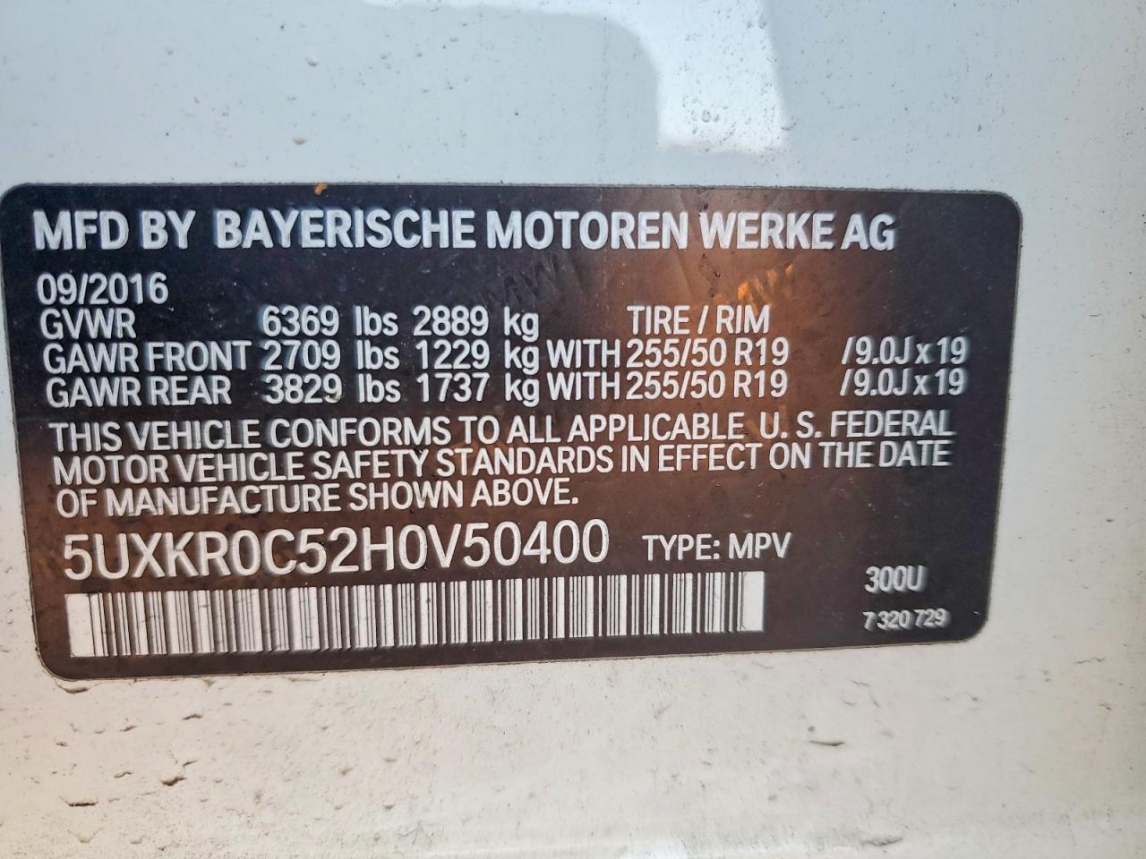VIN 5UXKR0C52H0V50400 2017 BMW X5 XDRIVE3