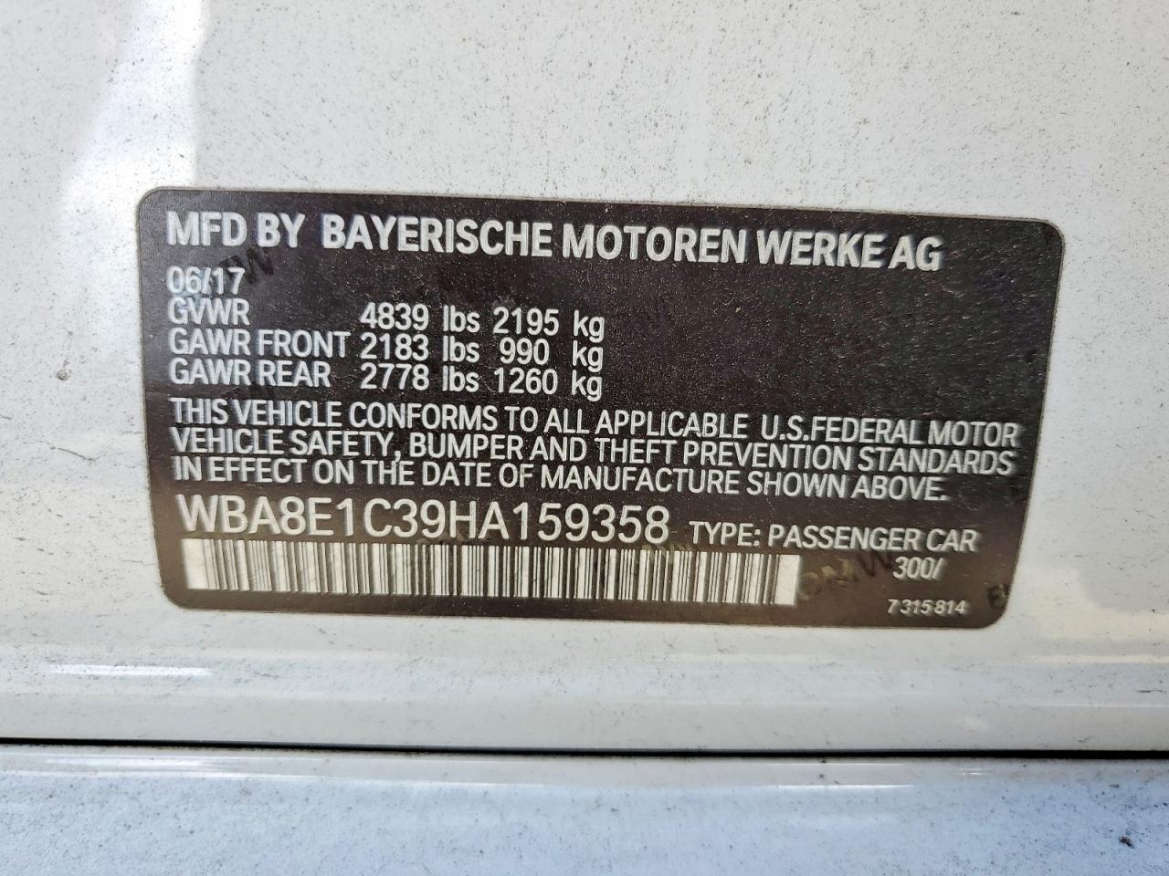 VIN WBA8E1C39HA159358 2017 BMW 330E