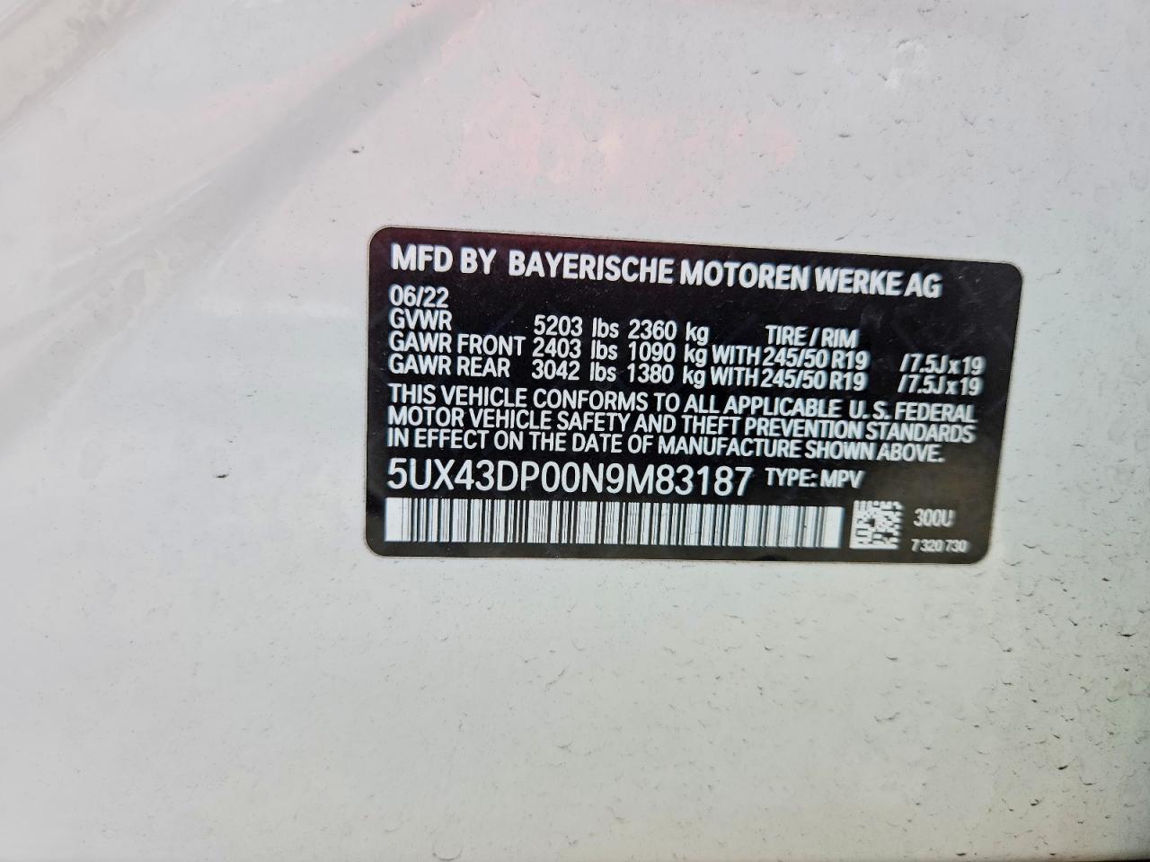 VIN 5UX43DP00N9M83187 2022 BMW X3 SDRIVE3