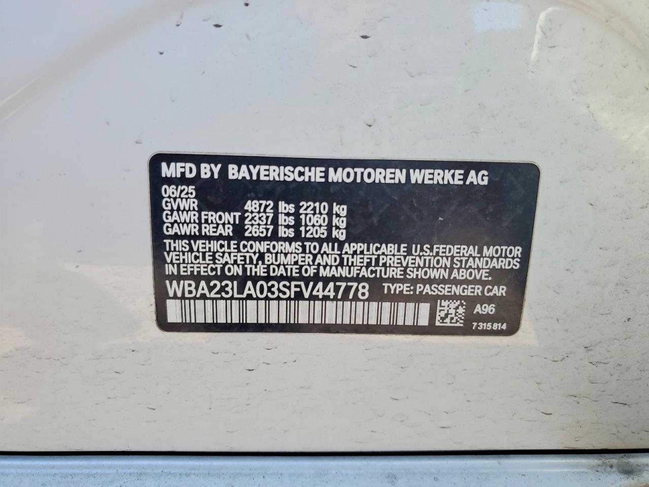 VIN WBA23LA03SFV44778 2025 BMW 3 SERIES