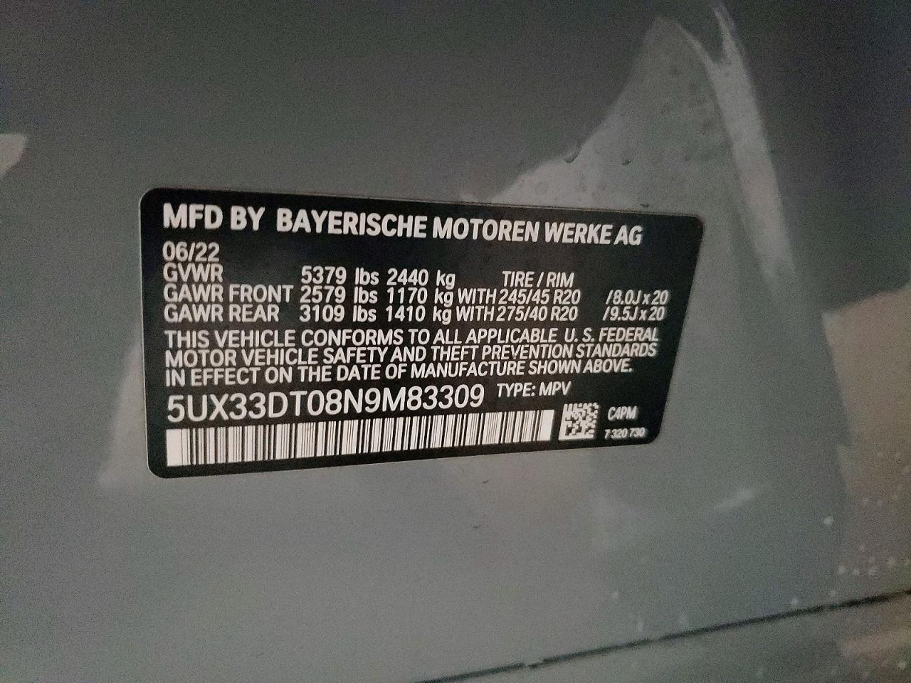 VIN 5UX33DT08N9M83309 2022 BMW X4 XDRIVE3
