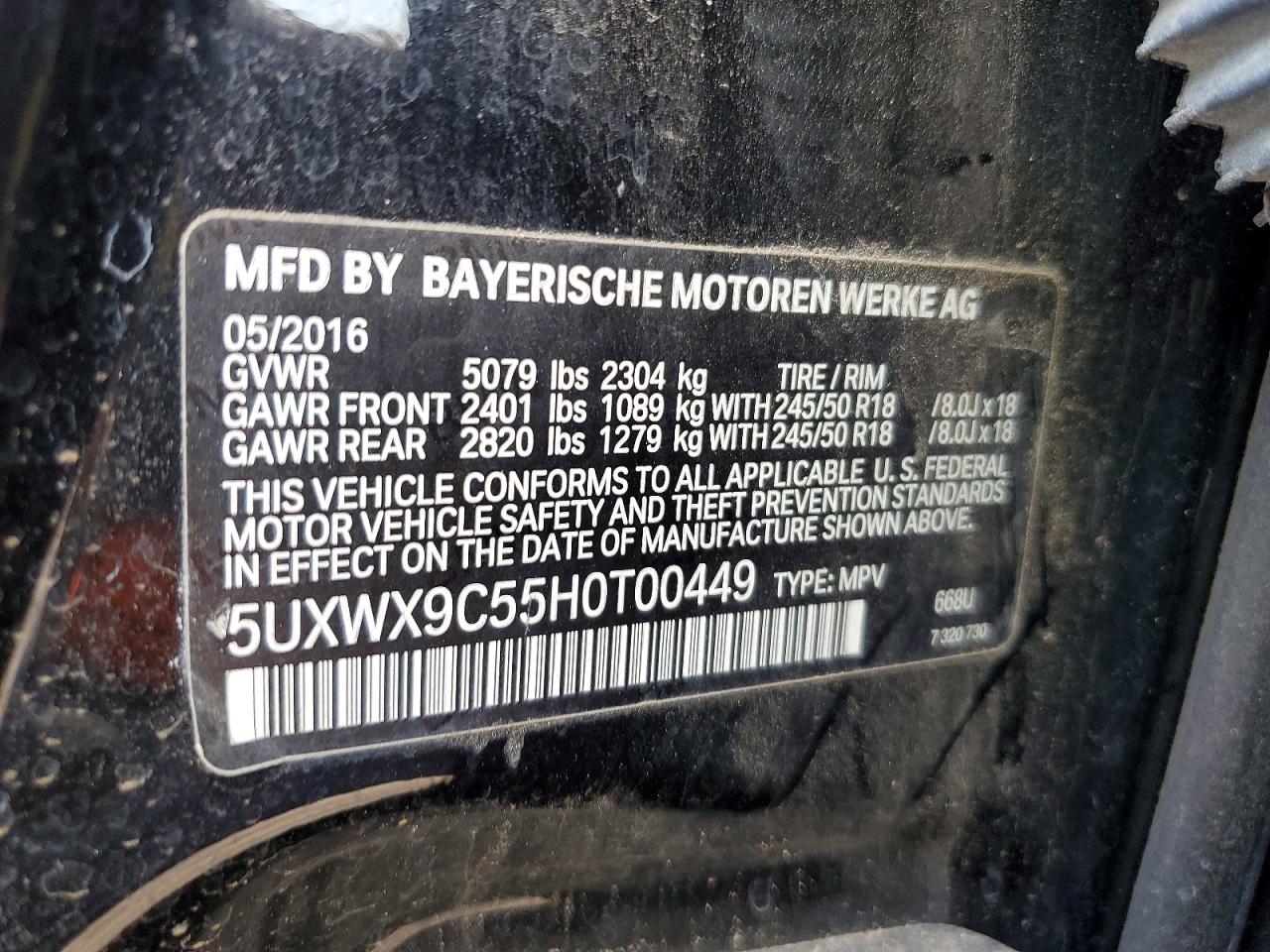 VIN 5UXWX9C55H0T00449 2017 BMW X3 XDRIVE2