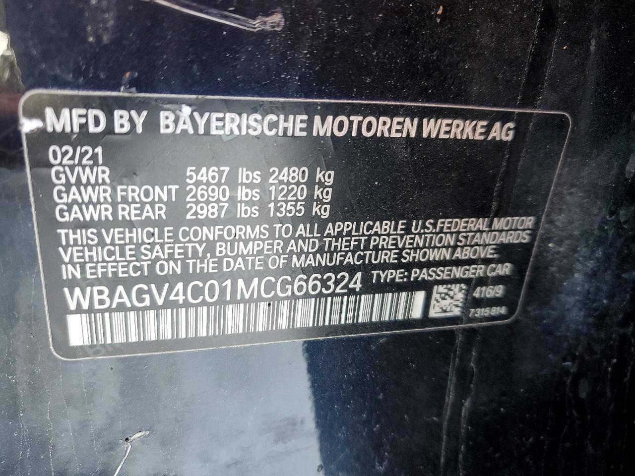 VIN WBAGV4C01MCG66324 2021 BMW 840XI
