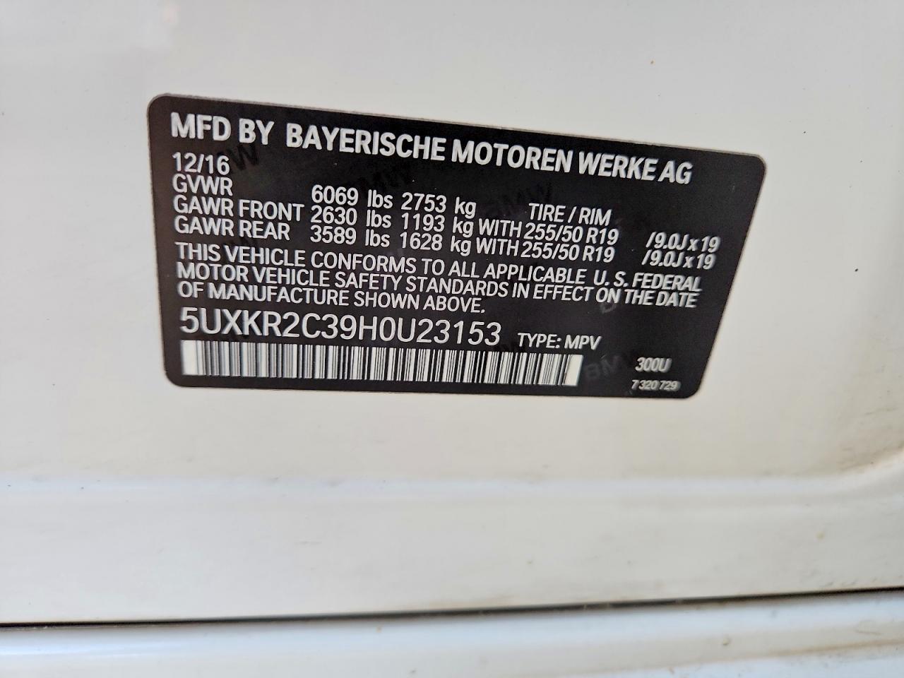 VIN 5UXKR2C39H0U23153 2017 BMW X5 SDRIVE3
