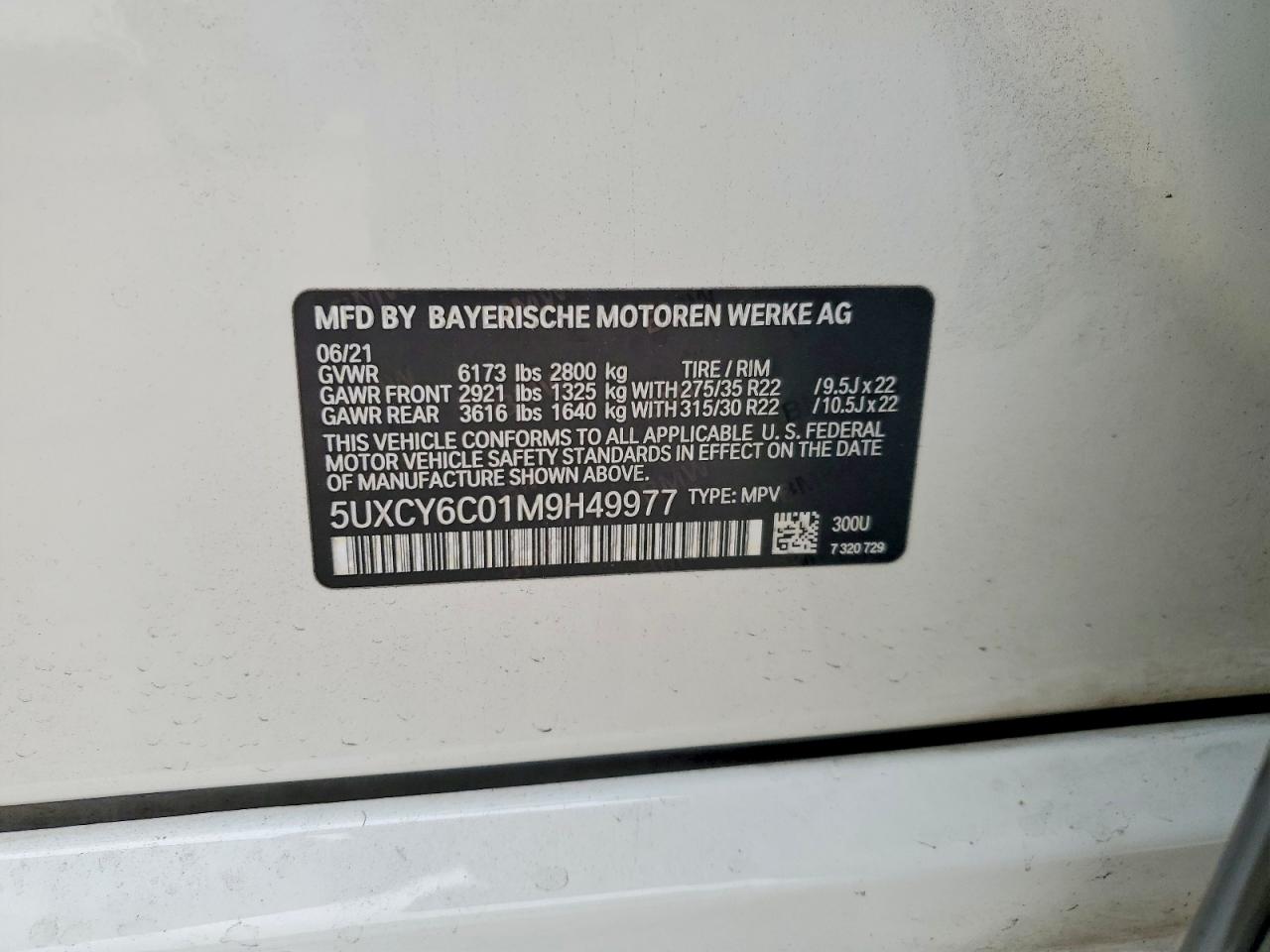 VIN 5UXCY6C01M9H49977 2021 BMW X6 XDRIVE4