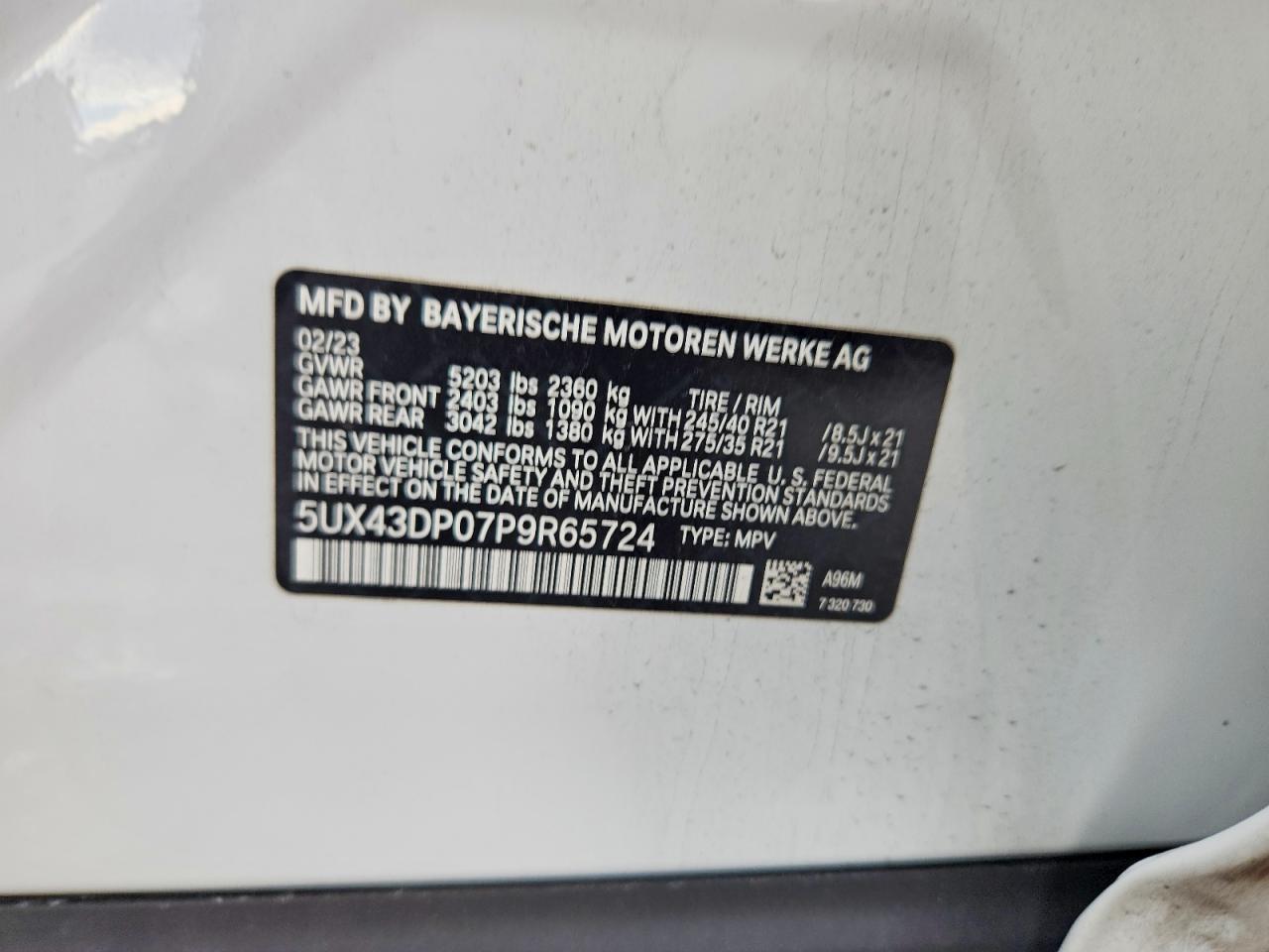 VIN 5UX43DP07P9R65724 2023 BMW MOTORRAD X3