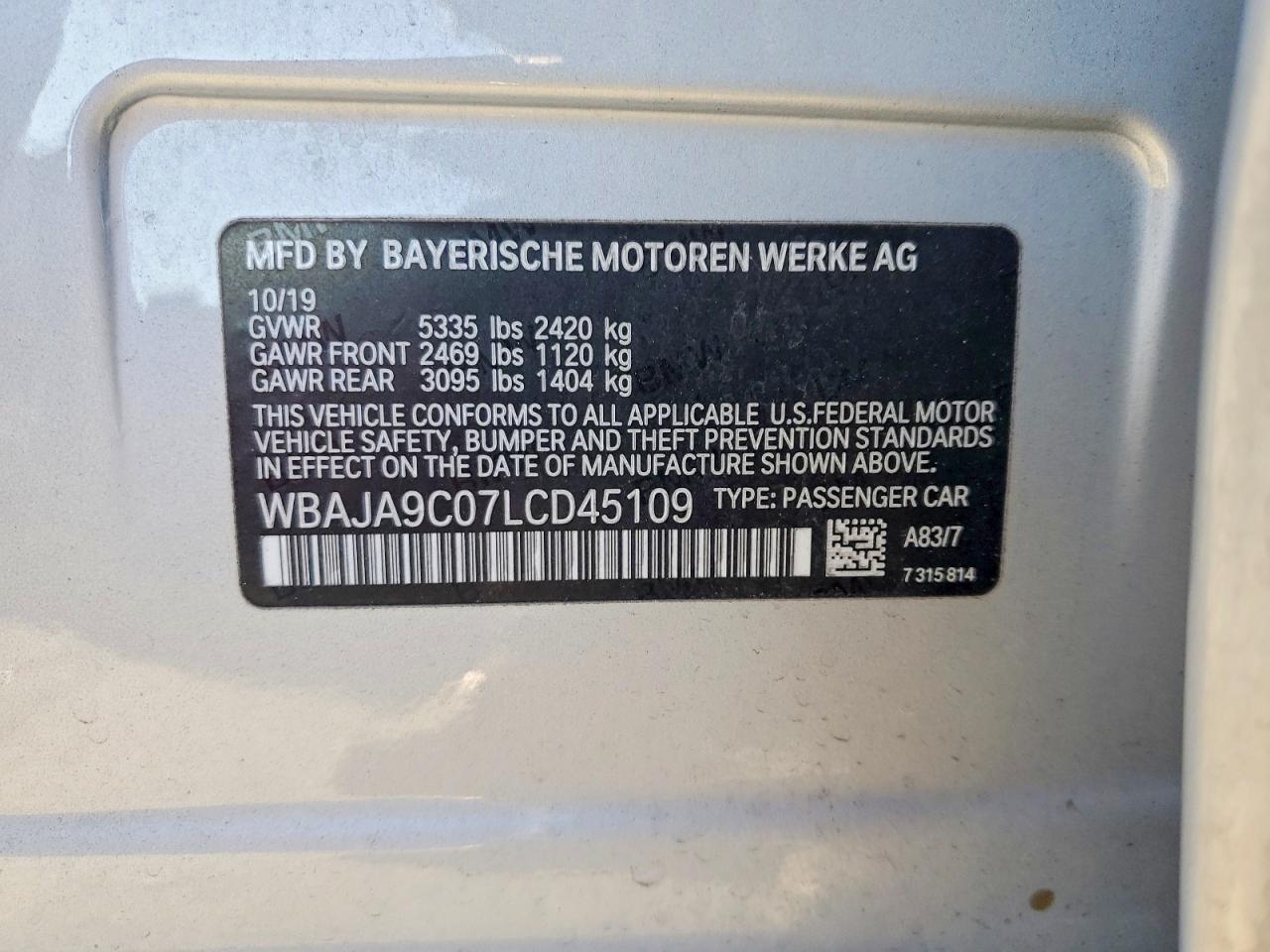 VIN WBAJA9C07LCD45109 2020 BMW 530E