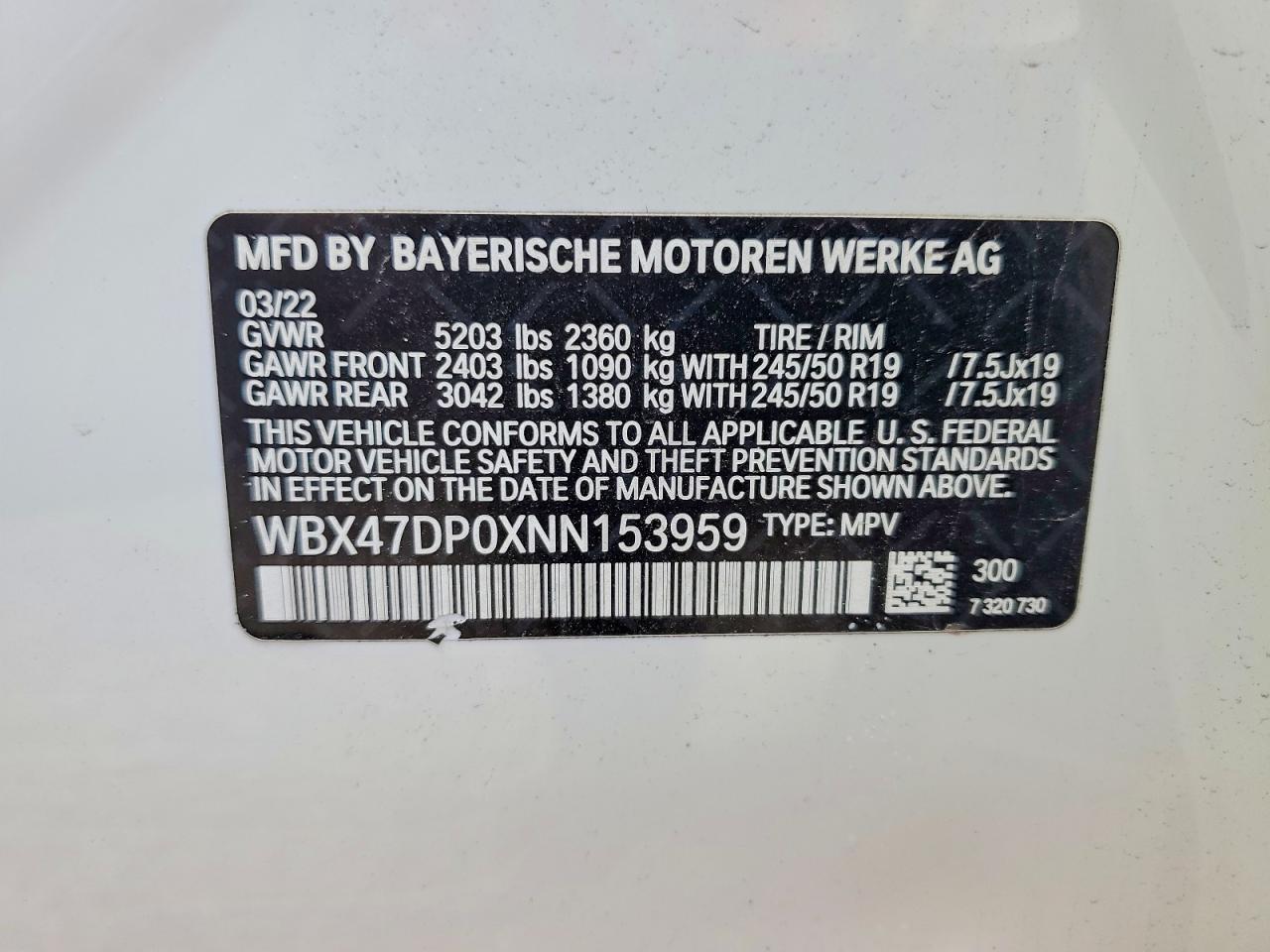 VIN WBX47DP0XNN153959 2022 BMW X3 SDRIVE3