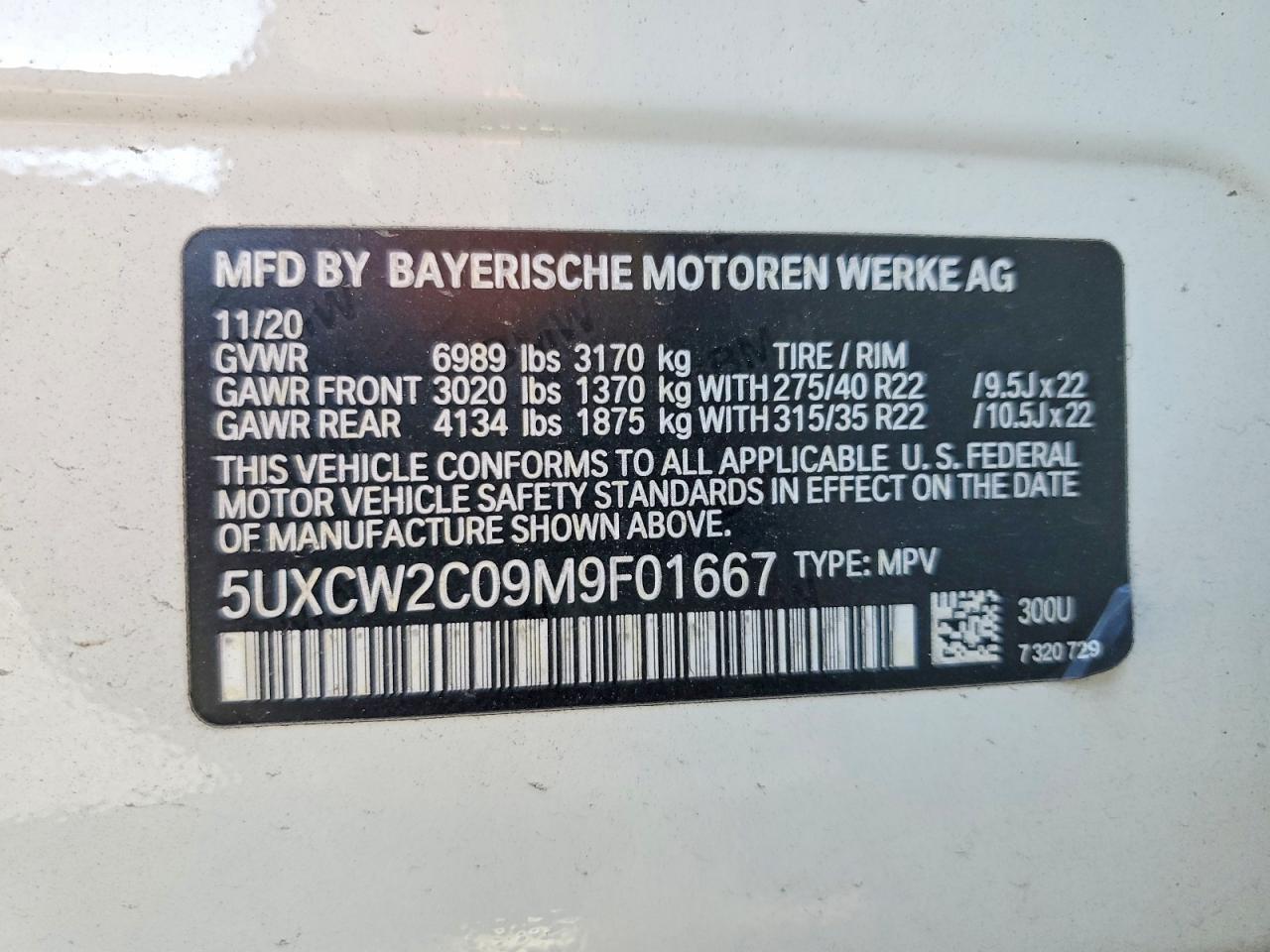 VIN 5UXCW2C09M9F01667 2021 BMW X7 XDRIVE4