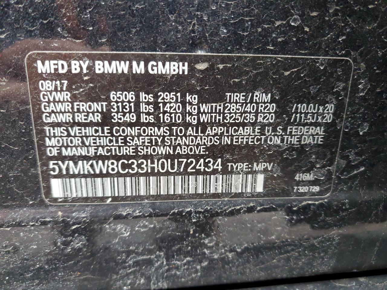VIN 5YMKW8C33H0U72434 2017 BMW X6 M