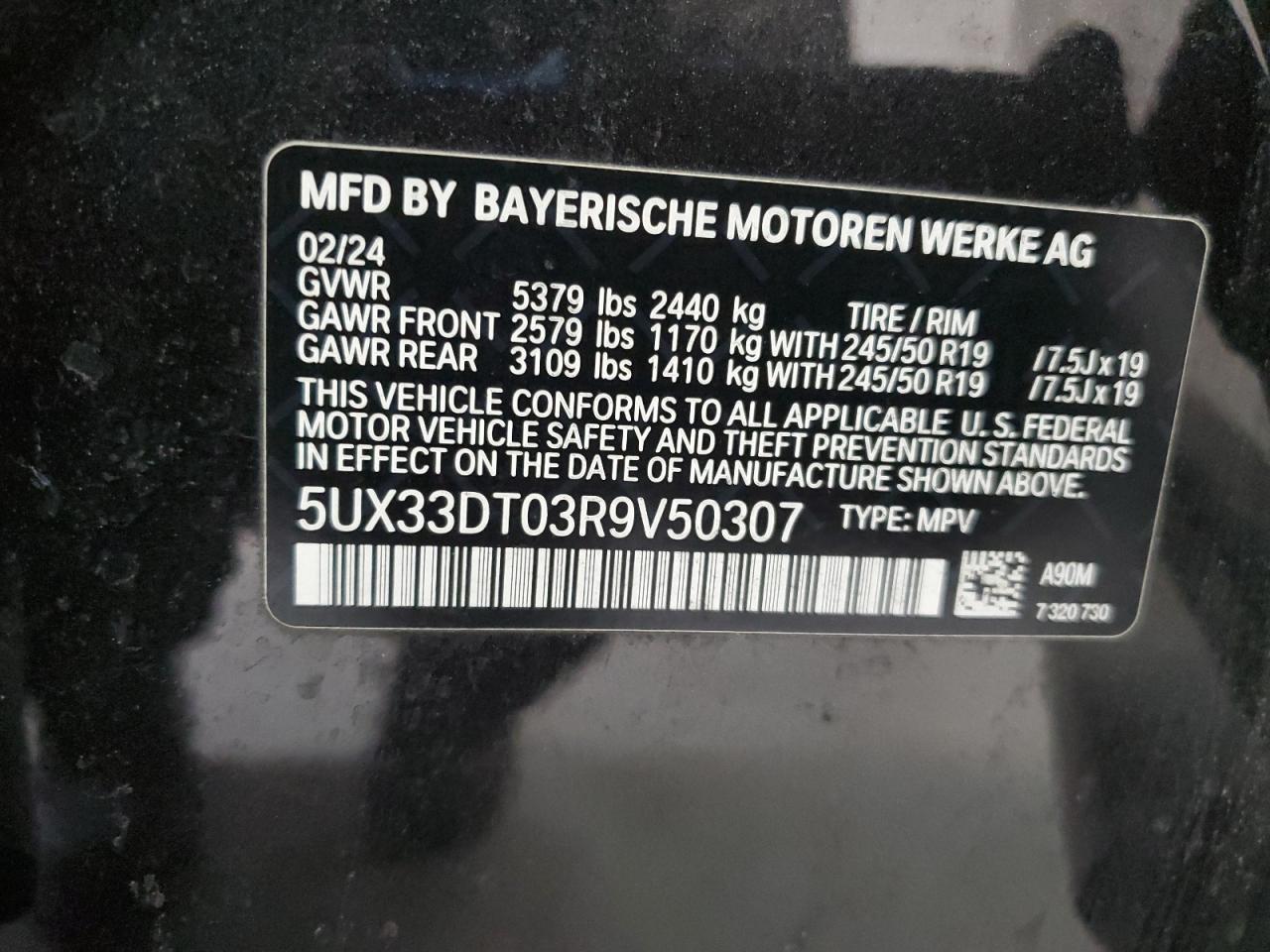 VIN 5UX33DT03R9V50307 2024 BMW X4 XDRIVE3