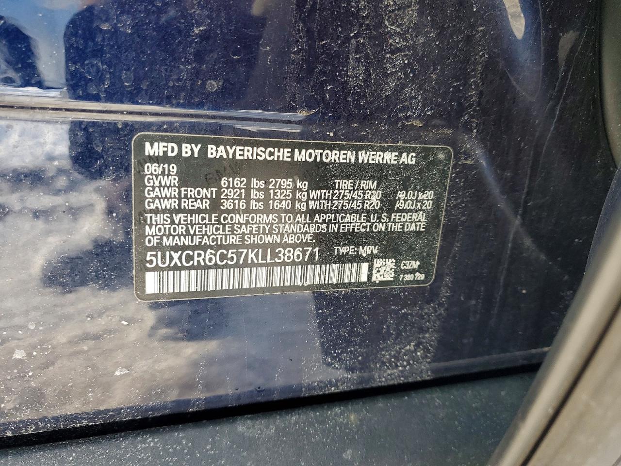 VIN 5UXCR6C57KLL38671 2019 BMW MOTORRAD X5