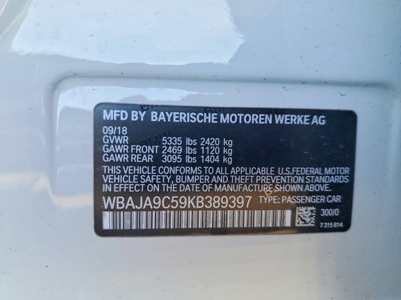 VIN WBAJA9C59KB389397 2019 BMW MOTORRAD 530E
