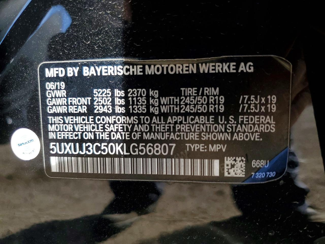 VIN 5UXUJ3C50KLG56807 2019 BMW MOTORRAD X4