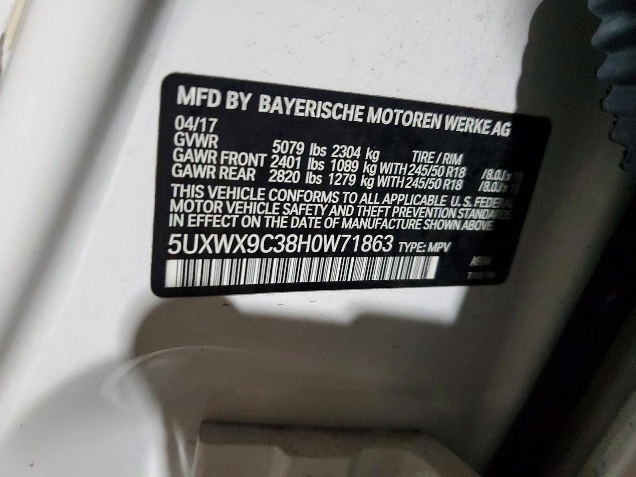 VIN 5UXWX9C38H0W71863 2017 BMW X3 XDRIVE2