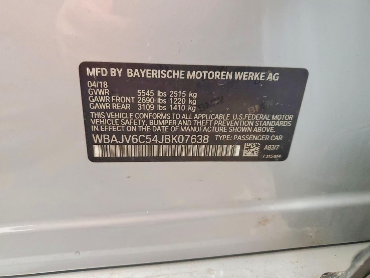 VIN WBAJV6C54JBK07638 2018 BMW 640