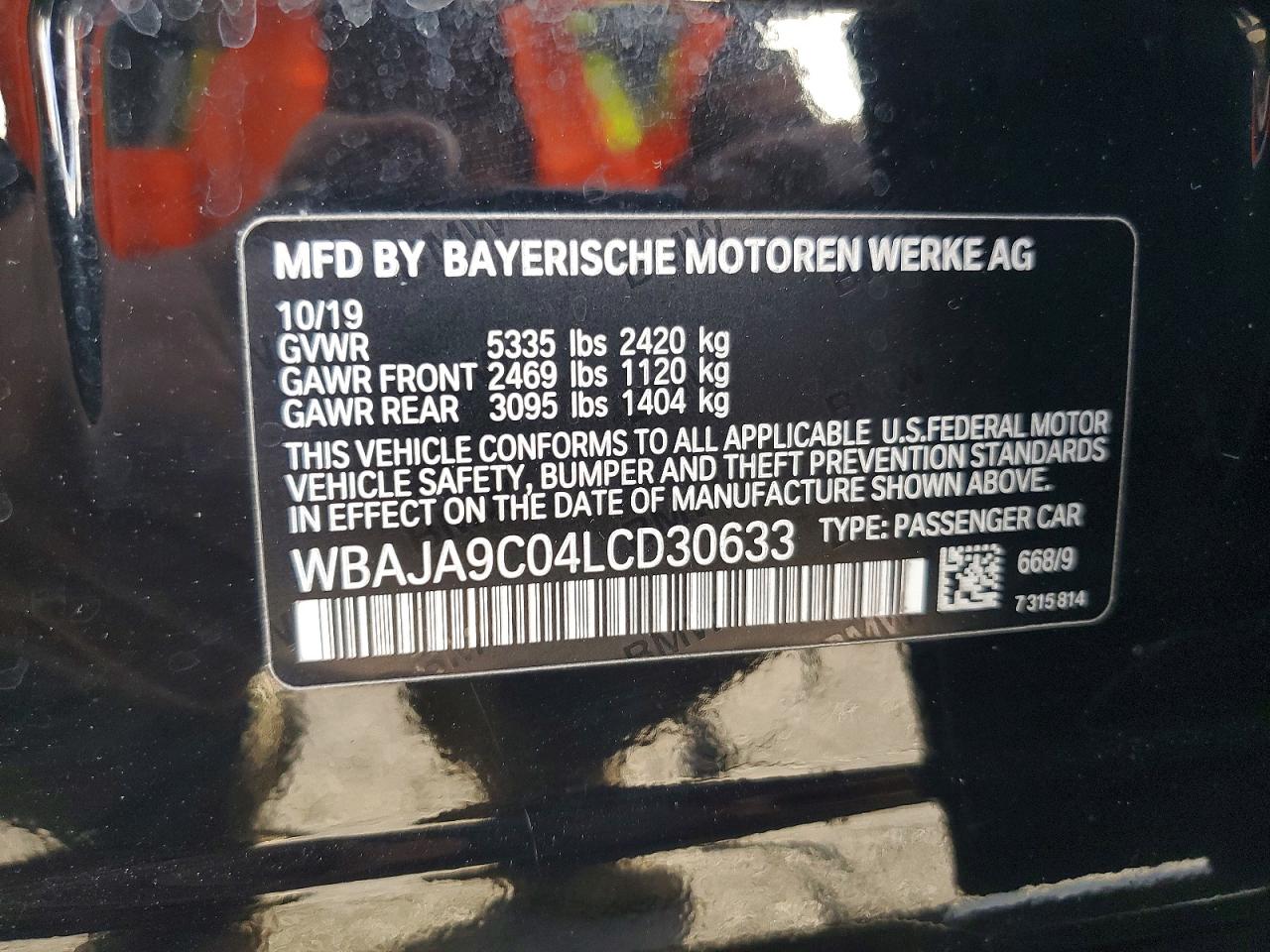 VIN WBAJA9C04LCD30633 2020 BMW MOTORRAD 530E