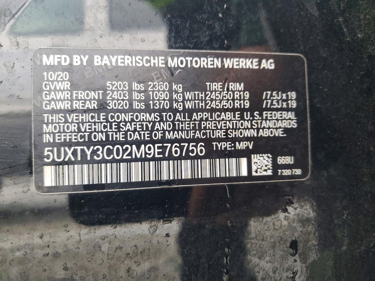 VIN 5UXTY3C02M9E76756 2021 BMW X3 SDRIVE3