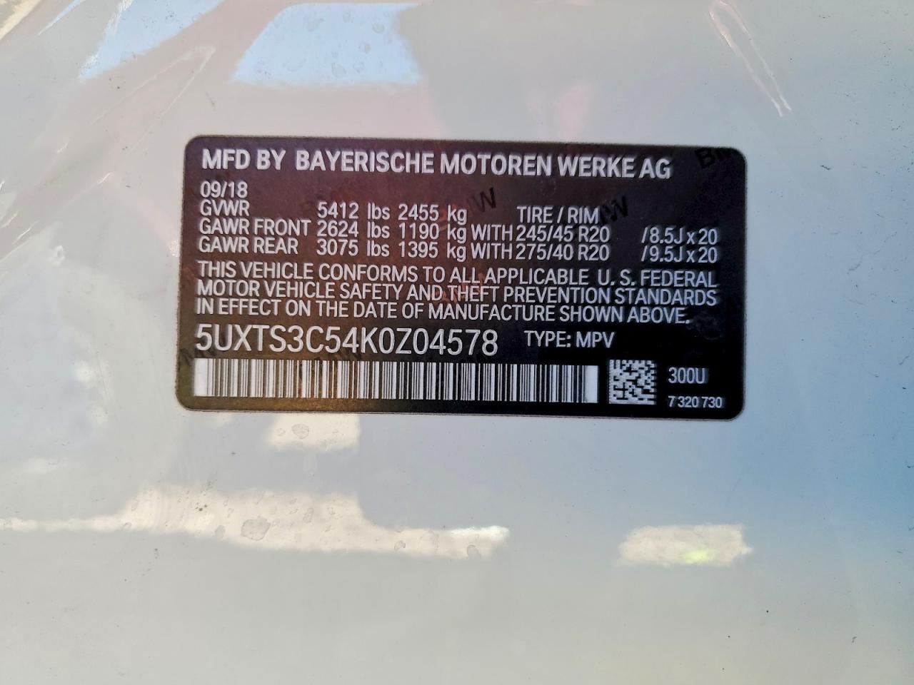 VIN 5UXTS3C54K0Z04578 2019 BMW X3 XDRIVEM