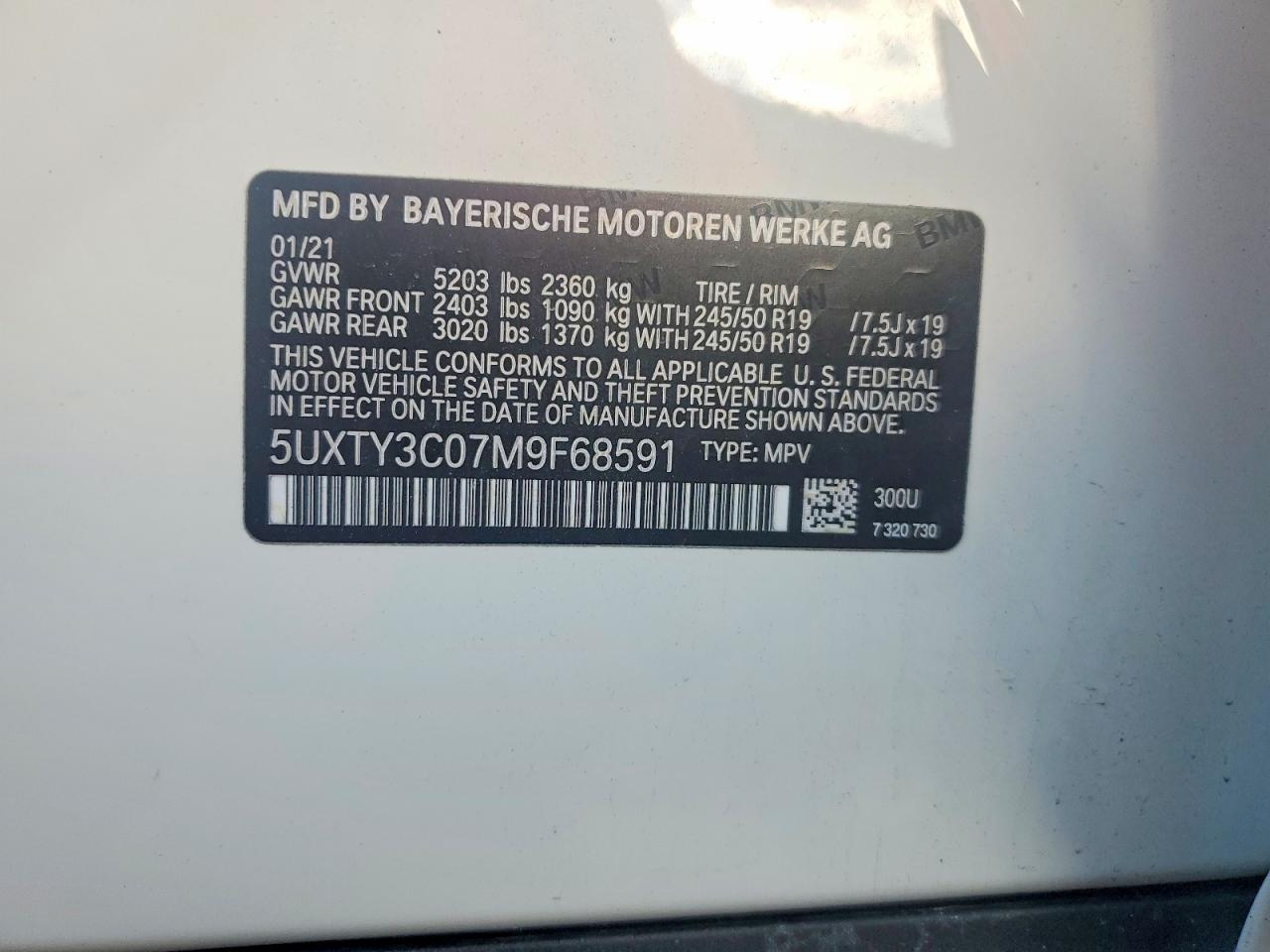 VIN 5UXTY3C07M9F68591 2021 BMW X3 SDRIVE3
