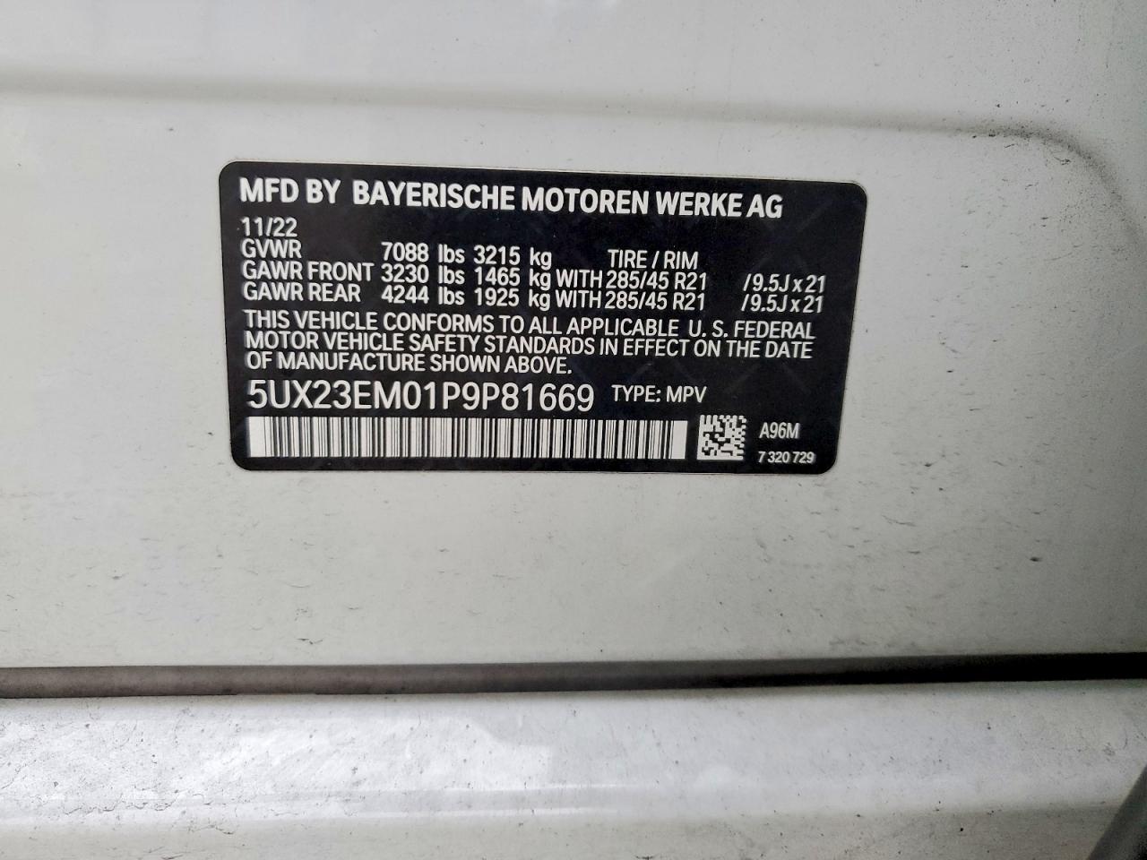 VIN 5UX23EM01P9P81669 2023 BMW X7 XDRIVE4