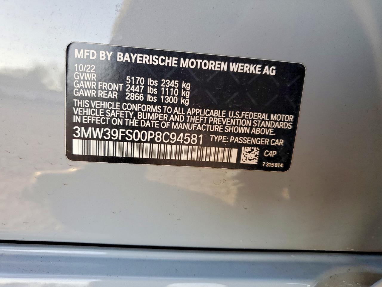 VIN 3MW39FS00P8C94581 2023 BMW 330XE