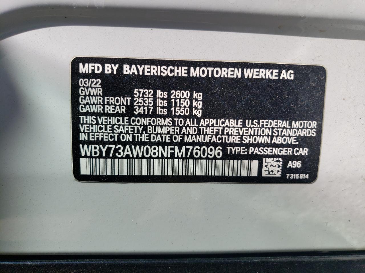 VIN WBY73AW08NFM76096 2022 BMW I4 EDRIVE4