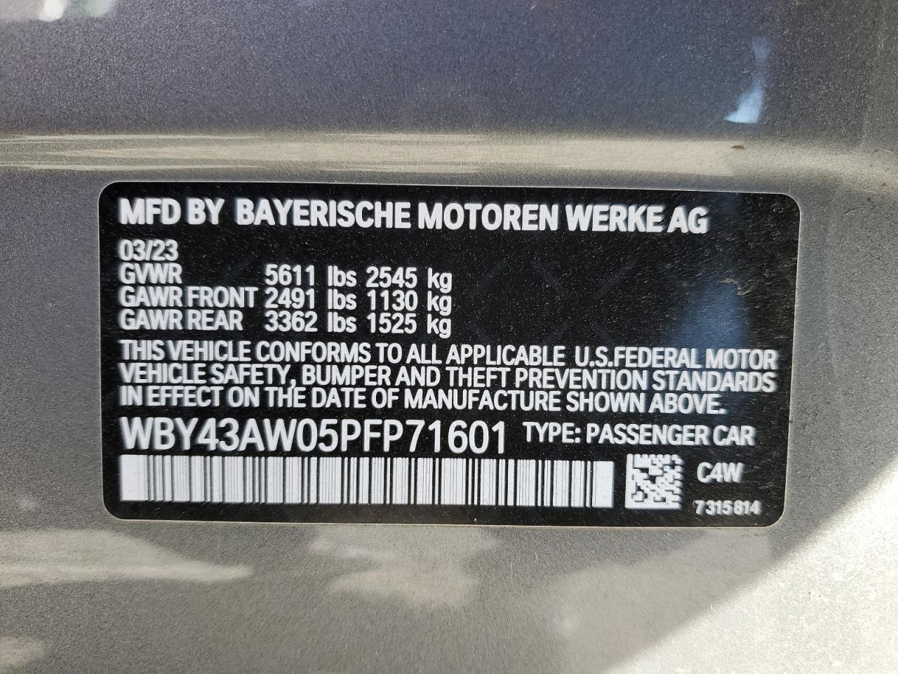 VIN WBY43AW05PFP71601 2023 BMW I4 EDRIVE3