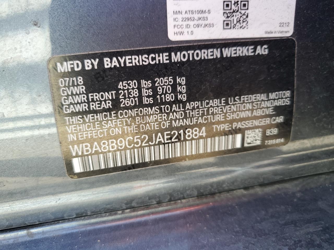 VIN WBA8B9C52JAE21884 2018 BMW 330 I