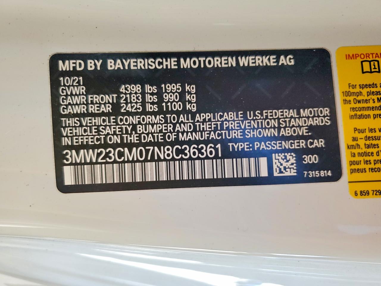 VIN 3MW23CM07N8C36361 2022 BMW MOTORRAD 230I