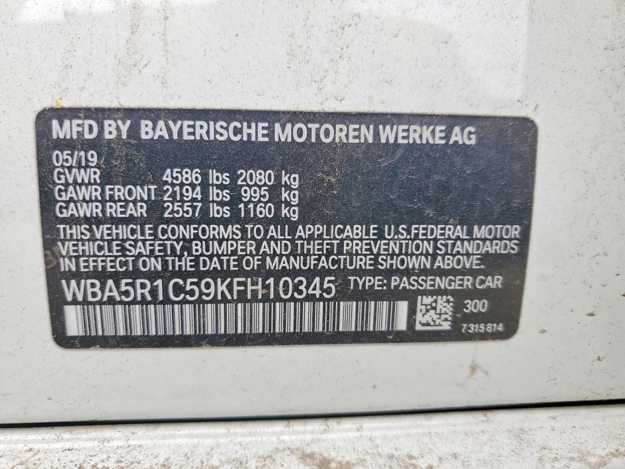 VIN WBA5R1C59KFH10345 2019 BMW MOTORRAD 330I