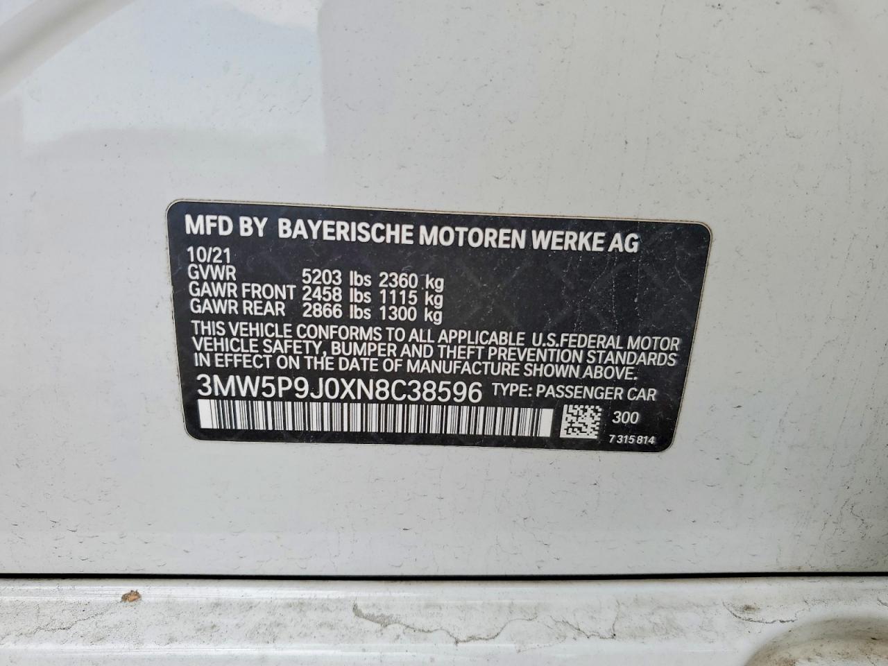 VIN 3MW5P9J0XN8C38596 2022 BMW 330XE