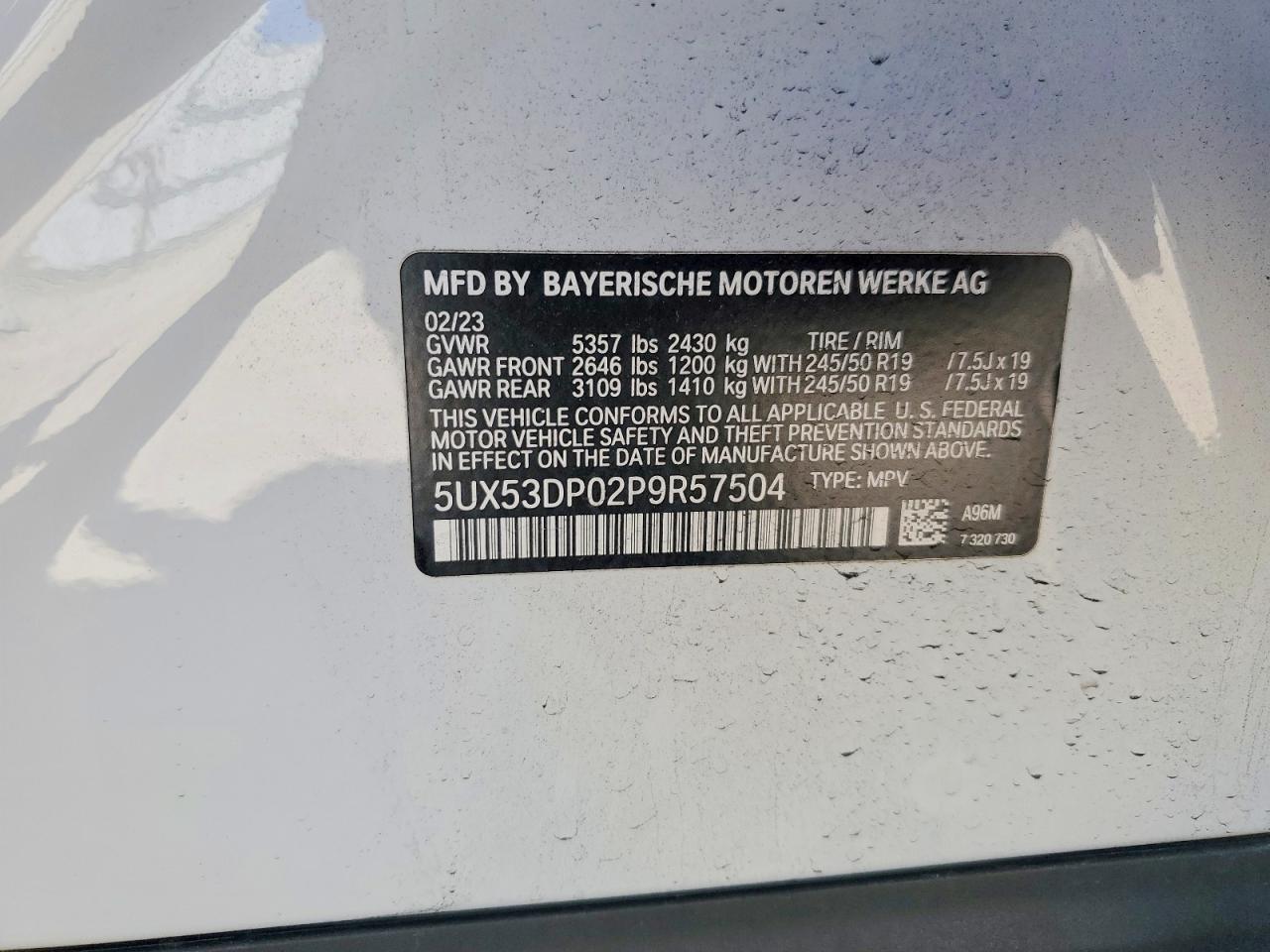 VIN 5UX53DP02P9R57504 2023 BMW MOTORRAD X3