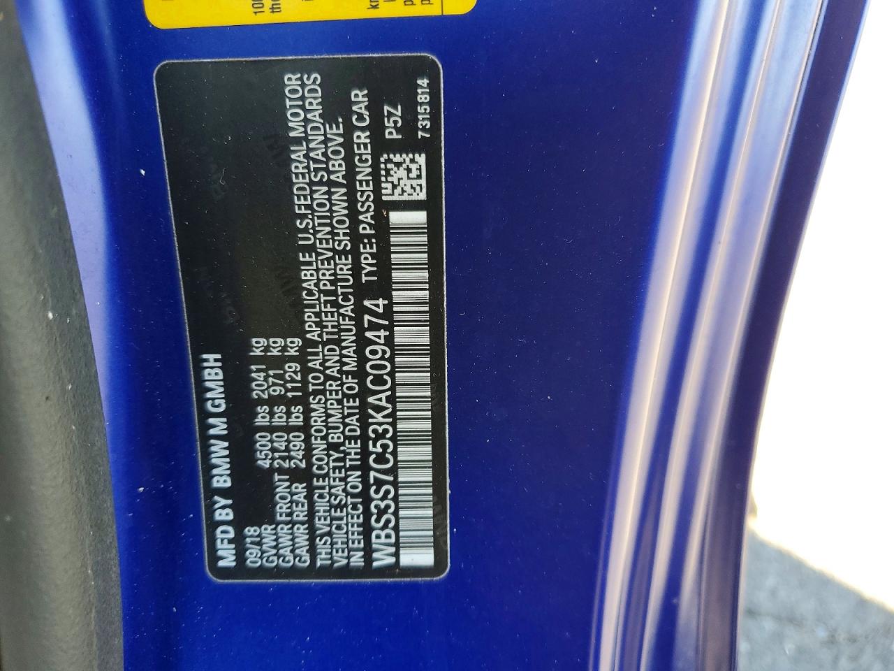 VIN WBS3S7C53KAC09474 2019 BMW M4