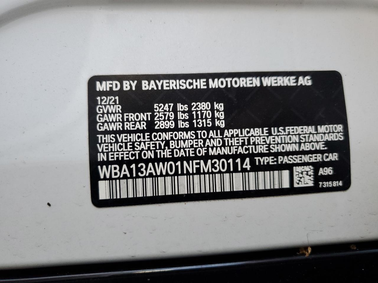 VIN WBA13AW01NFM30114 2022 BMW M440XI GRA